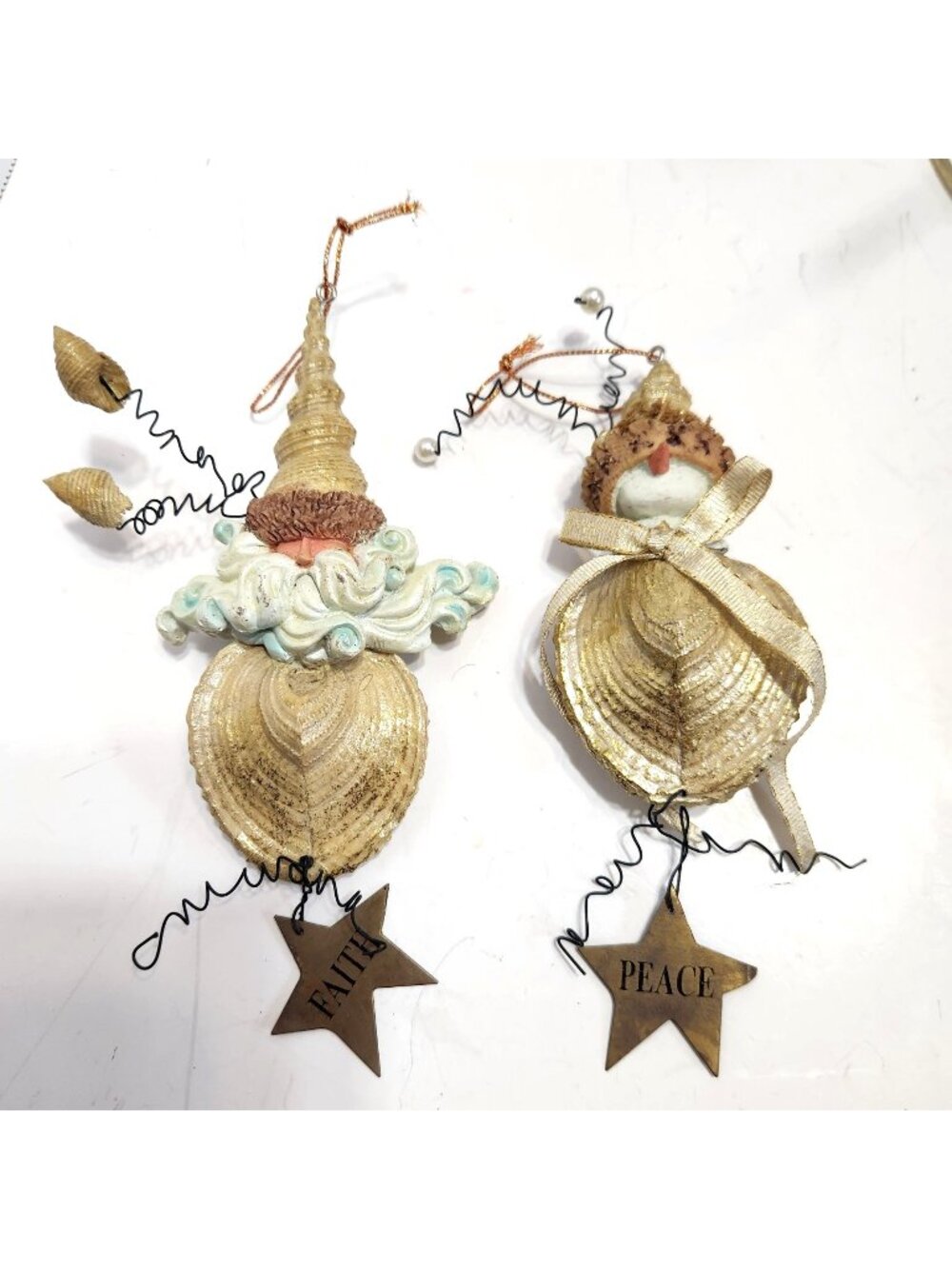Faith and Peace Seashell Santa & Snowman Christmas Ornaments Set Coastal READ